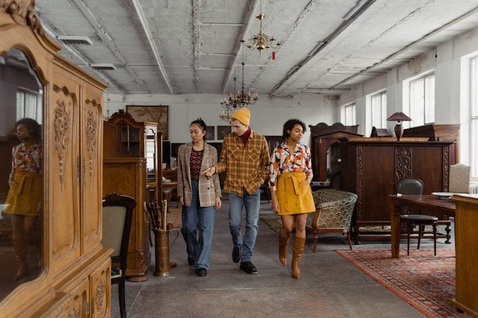 Exploring Men's Style Through the Decades: A Fashion Retrospective Three people walking through an antique furniture store with vintage decor and large windows.
