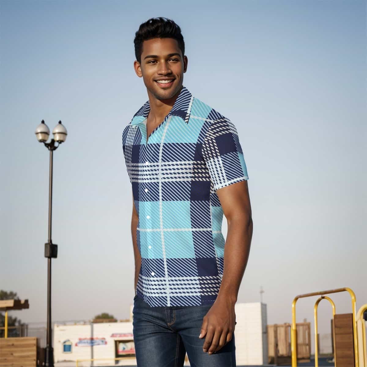 Blue Plaid Print Men's Shirt 3 Young man wearing a stylish blue plaid shirt outdoors on a sunny day.