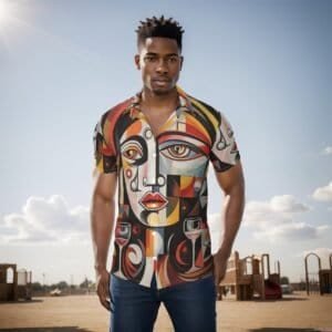Home 3 Man wearing a colorful abstract art patterned shirt outdoors with benches in background.