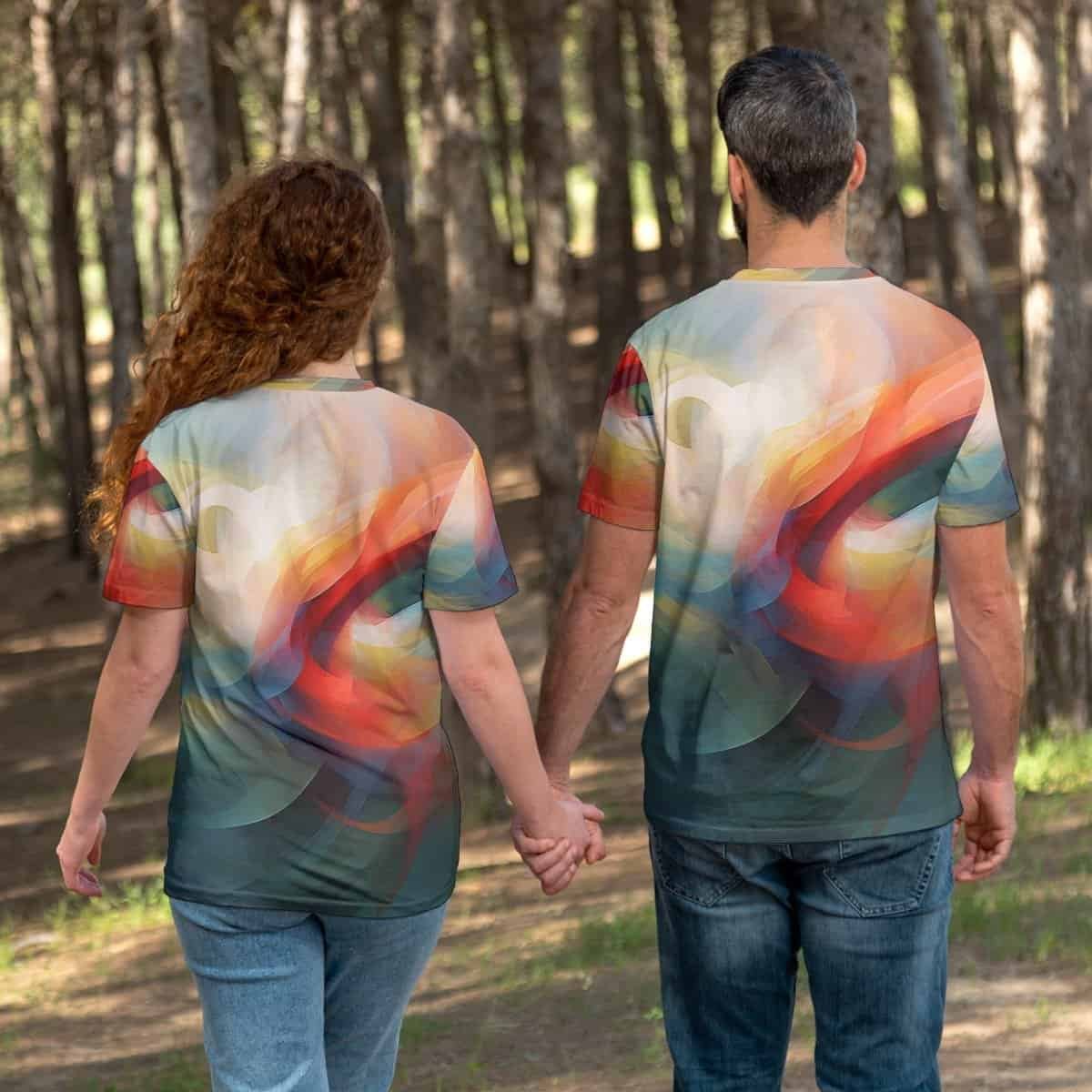 Abstract Flow Print Unisex T-Shirt 2 Couple holding hands in a forest wearing colorful abstract T-shirts from The Cool Shirt.