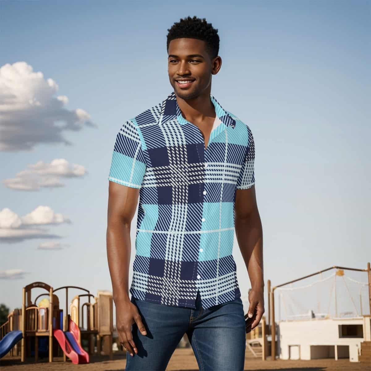 Blue Plaid Print Men's Shirt 2 Man wearing a stylish blue checkered shirt outdoors with playground equipment in background.