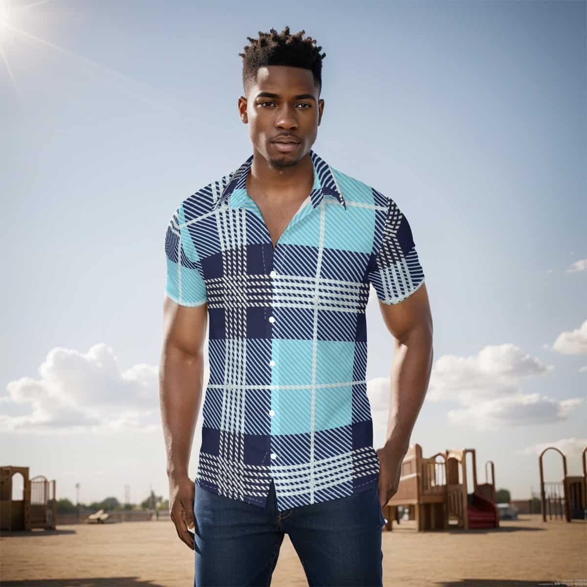 Blue Plaid Print Men's Shirt 1 Young man wearing a stylish plaid shirt outdoors on a sunny day.