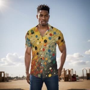 Home 2 Man wearing colorful polka dot shirt outdoors with benches and sky in background.