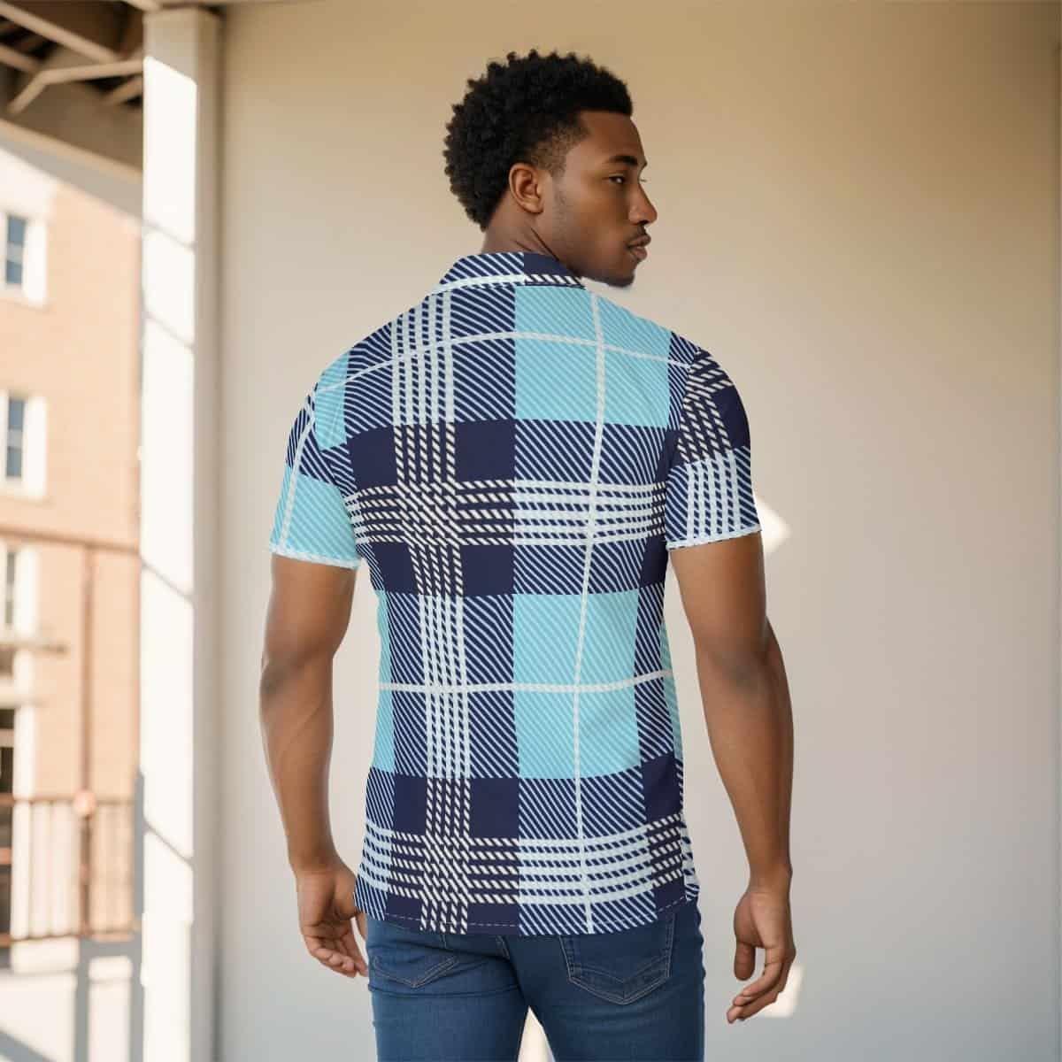Blue Plaid Print Men's Shirt 4 Young man wearing a blue plaid shirt standing outdoors with a building in the background.