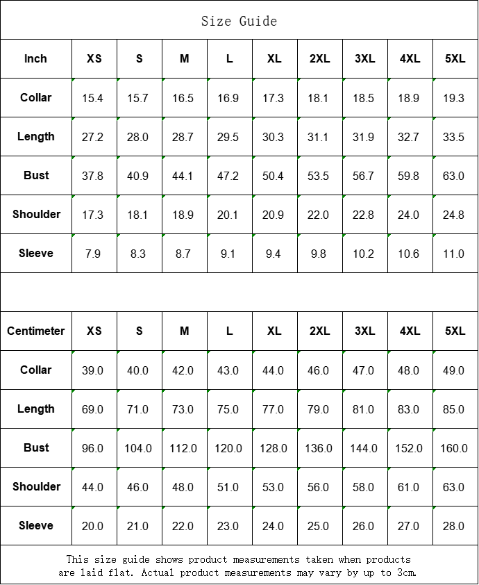 Blue Plaid Print Men's Shirt 5 Size guide chart for various shirt sizes in inches and centimeters.