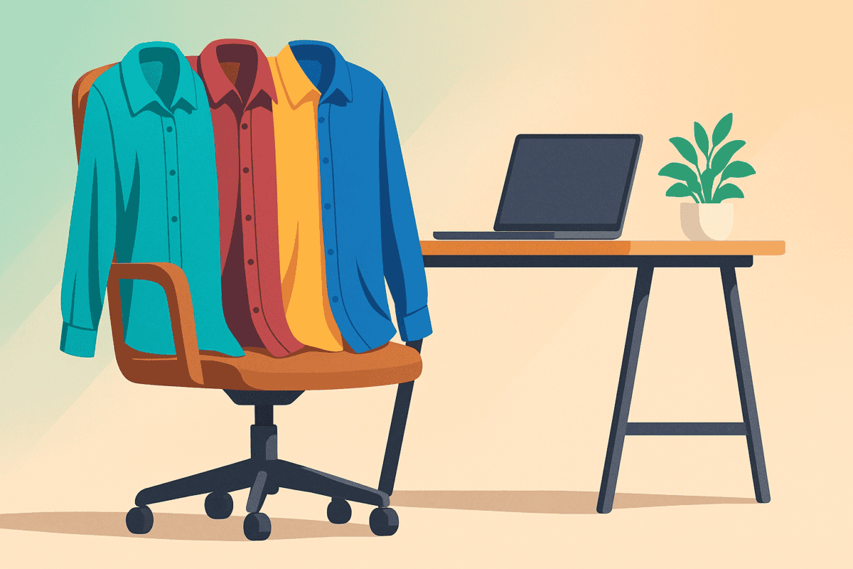 Vibrant shirts hanging on an office chair with a desk and laptop.