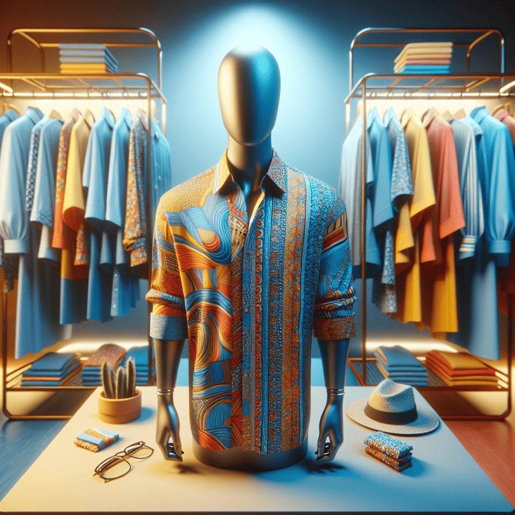 The Cool Shirt Shop: A Review of the Latest Trends Mannequin wearing a vibrant, patterned shirt in a clothing store with racks of colorful shirts.